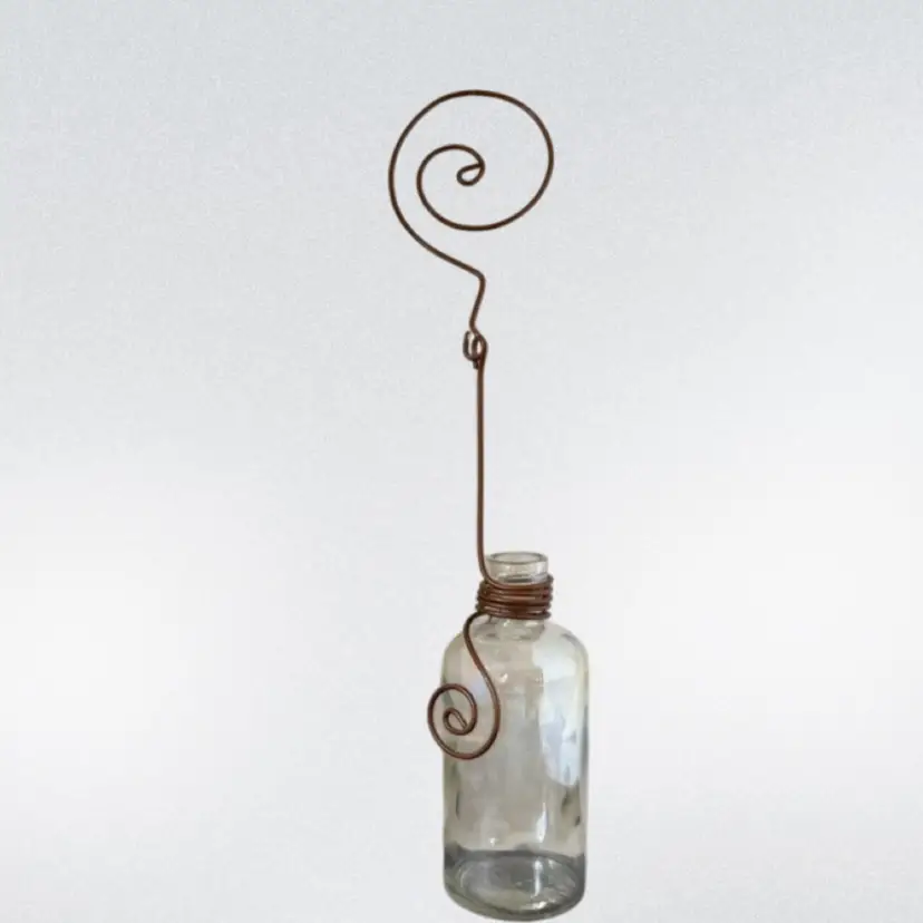 Hanging Clear Plant Clippings or Flower Vase Iridescent Vase W/Metal Hanger & Accents
Bottle: 5-1/2” T x 2-5/8” W
Total W/ Hanger 12-1/2” T