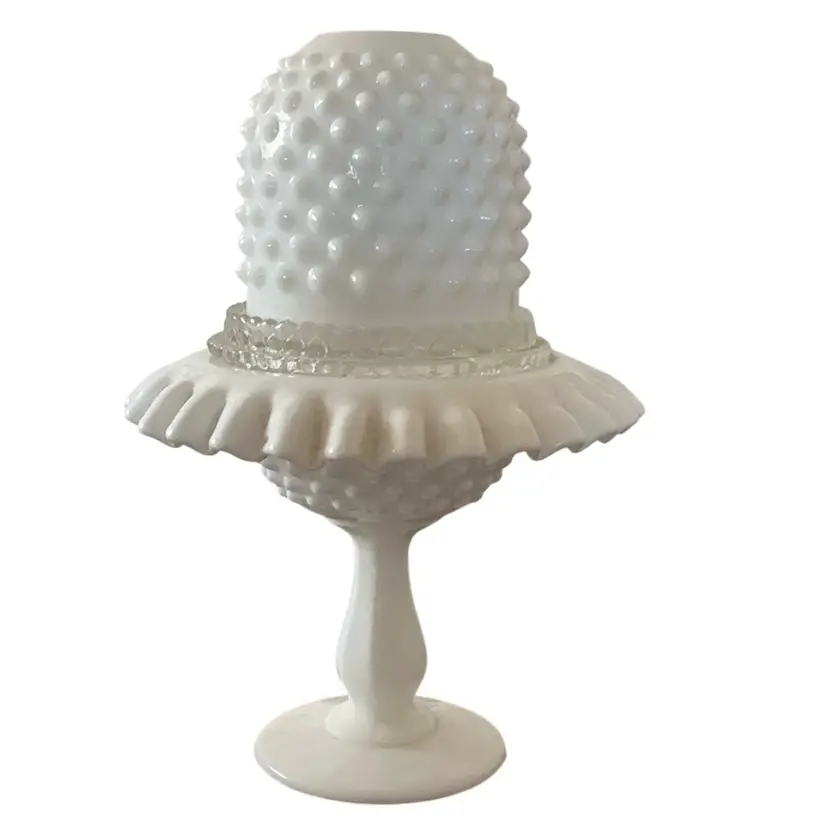 Fenton 3-piece Milk Glass Hobnail Stemmed Fairy Light 9” X 6 1/4”-READ