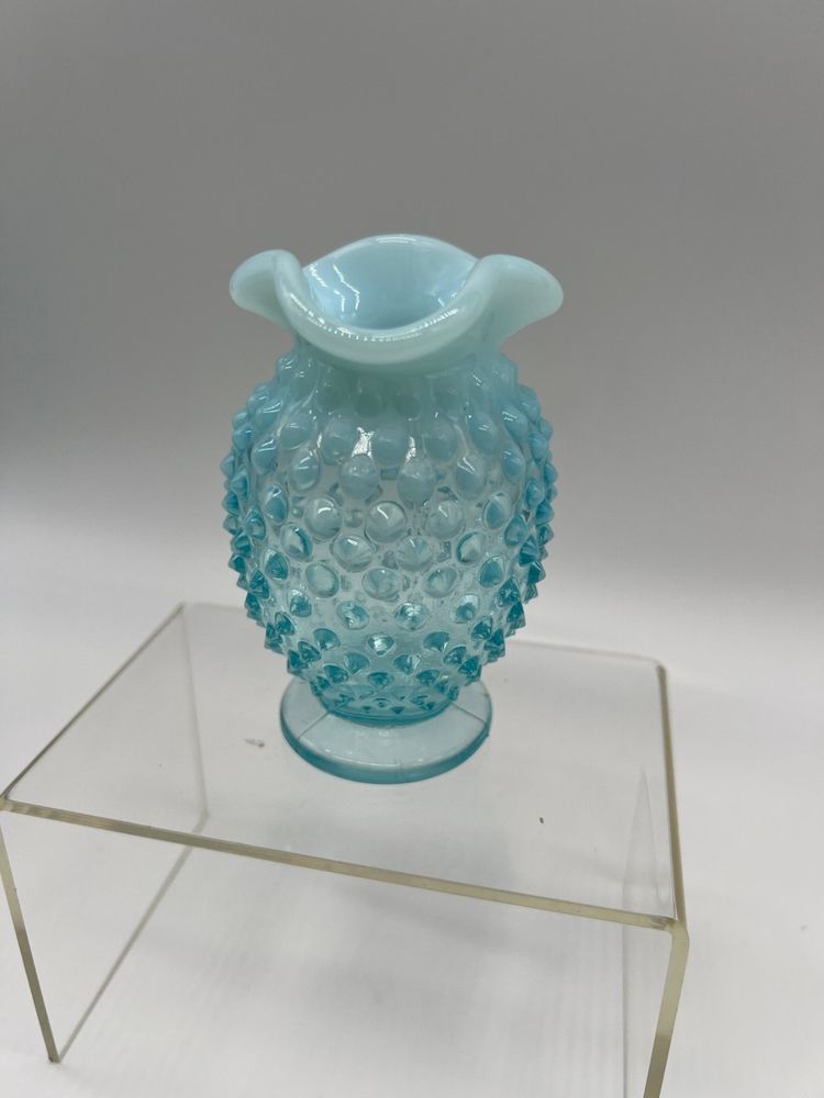 Vintage Fenton Glass Co. Aqua Blue Opalescent Hobnail Ruffled Edge Bud Vase