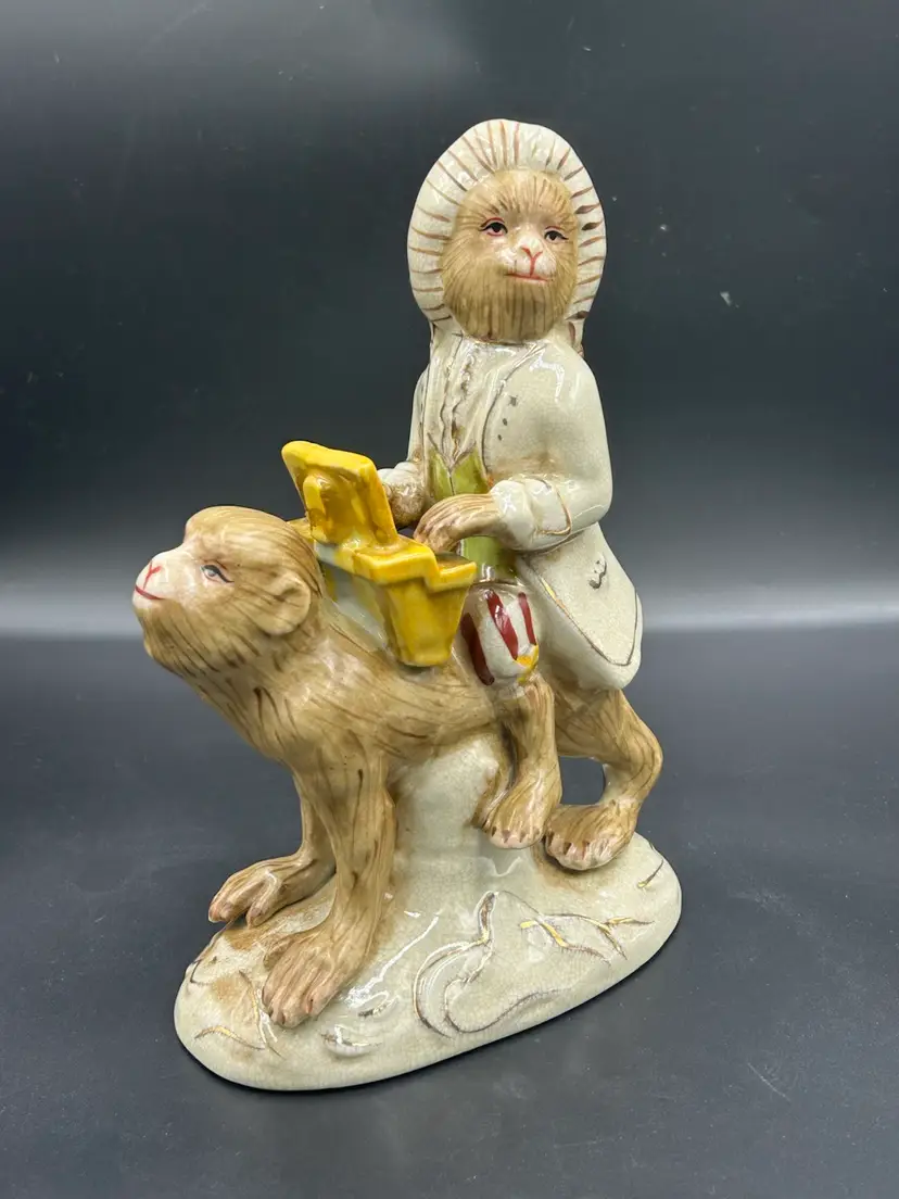 Vintage MCM Porcelain Monkey Band Figurine Riding A Monkey Playing Piano