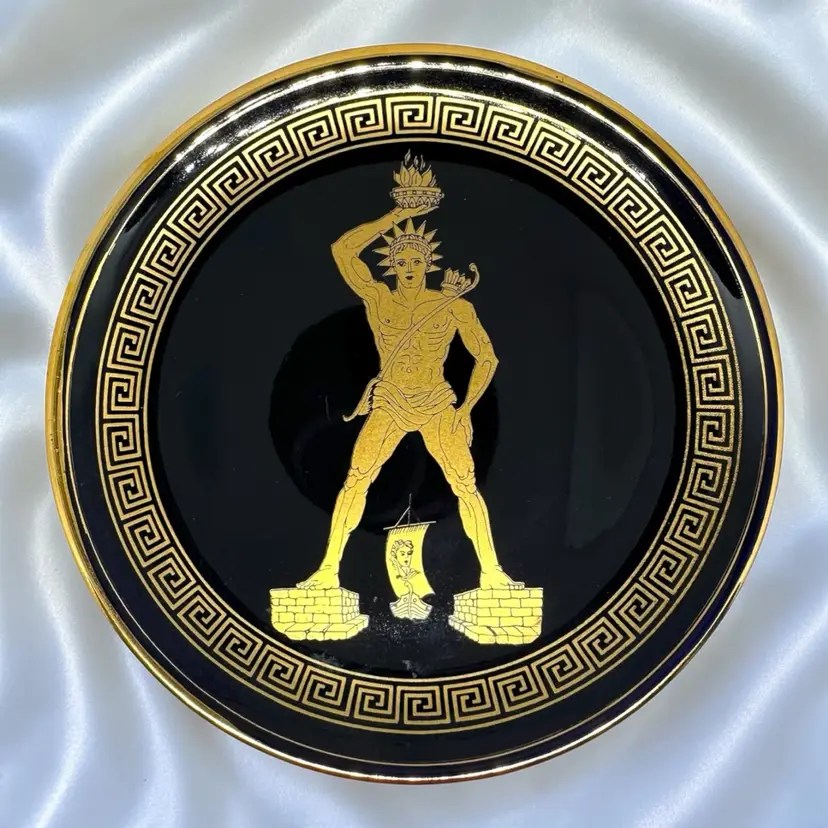VTG Greek Mythology Handmade Greece Plate Colossus Of Rhodes 24kt gold paint