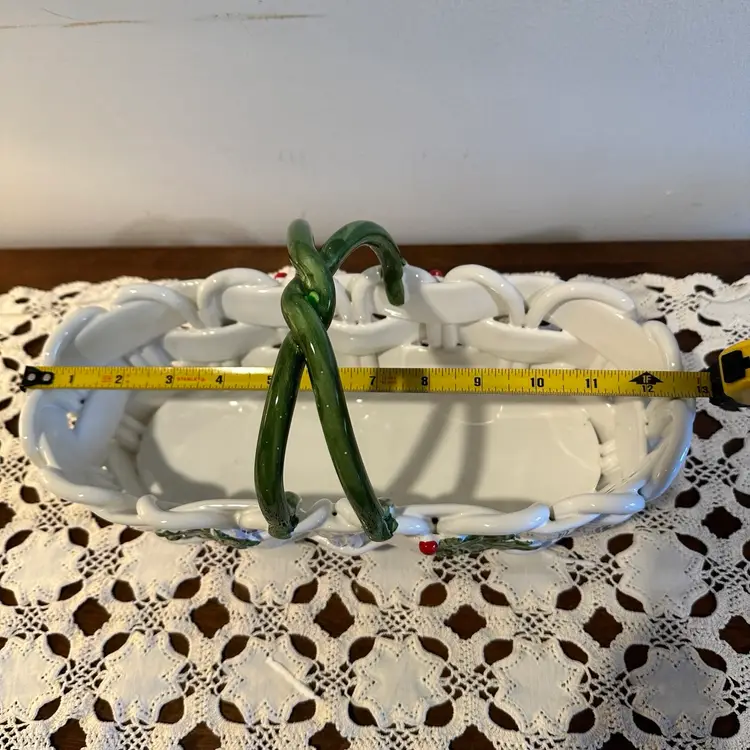 Beautiful Vintage Capodimonte Christmas Basket: Handmade Italian Ceramic Holly Berry Decor   13”x6”x8” (this is for 1 Basket) (there are 2 Available)