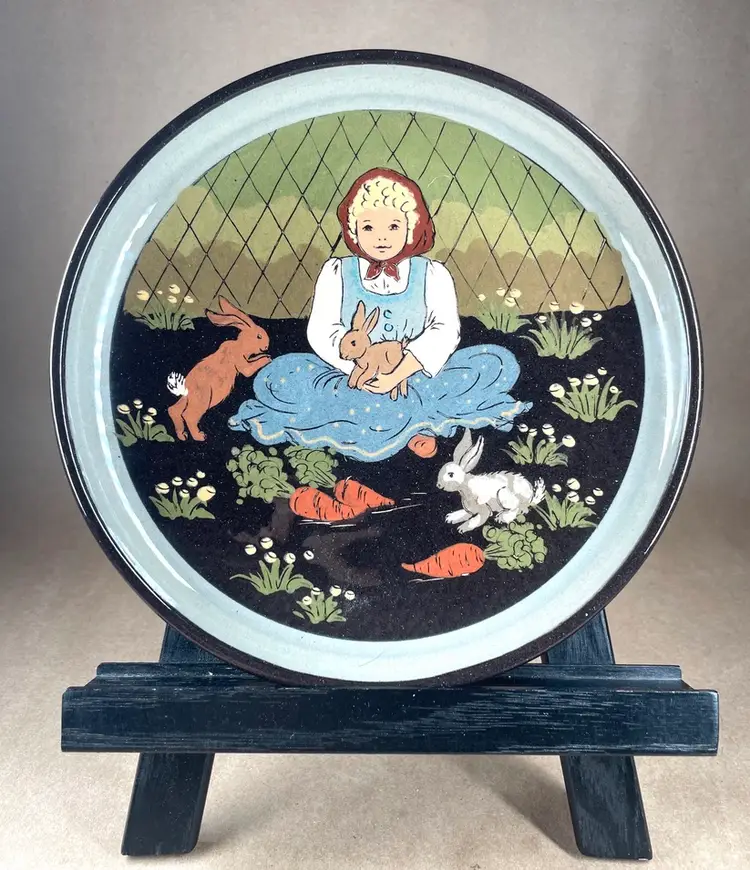 Ceramic Arnold Zahner Rheinfelden Studio Pottery Salad Plate Girl with Rabbits Heimatwerk Interlaken Wall Decor