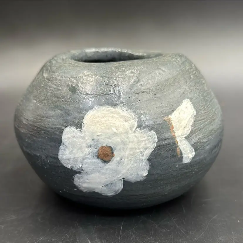 #01 Handmade Raku Pottery Vase With Floral Design With Butterfly Has No Makers Mark Organically Made