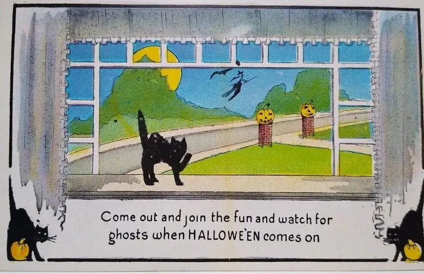 Halloween Postcard Fantasy Witch On Broom Bat Moon Black Cats Metropolitan 412