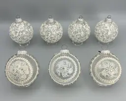 7 Vintage West Germany Ornate Silver Sparkle White and Clear Christmas Ball Ornaments