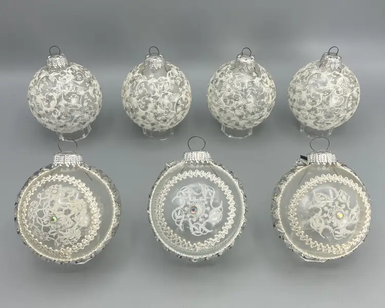 7 Vintage West Germany Ornate Silver Sparkle White and Clear Christmas Ball Ornaments