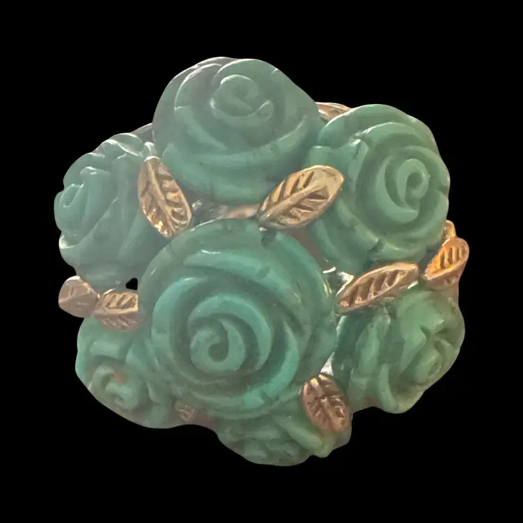 Vintage Turquoise and Sterling Silver Ornate Roses and Leaf Design from Thailand. Marked SX925 Size 8