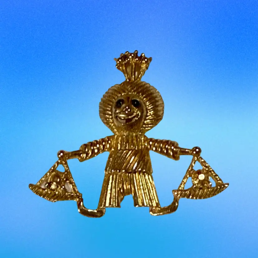 Vintage Genie w Scales Blue Rhinestone Eyes MCM Goldtone Brooch