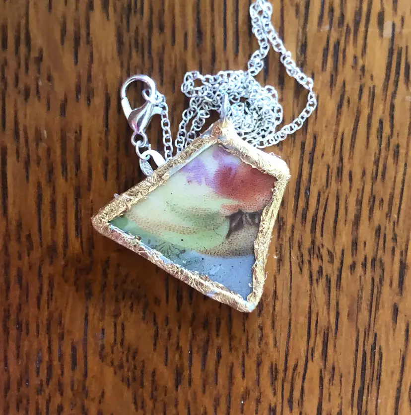 Broken Pottery Artisan Made Apple Pendant Three Crown China Plate Handcrafted Necklace 1.25in x 1.25in