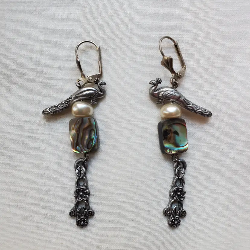 Peacock Abalone and Pearl Dangle Pierced Earrings