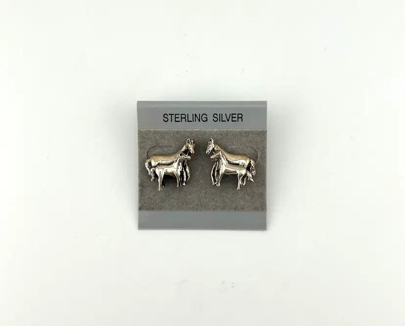 Vintage Sterling Silver Mare and Foal Horse Pierced Earrings 1”x .75”