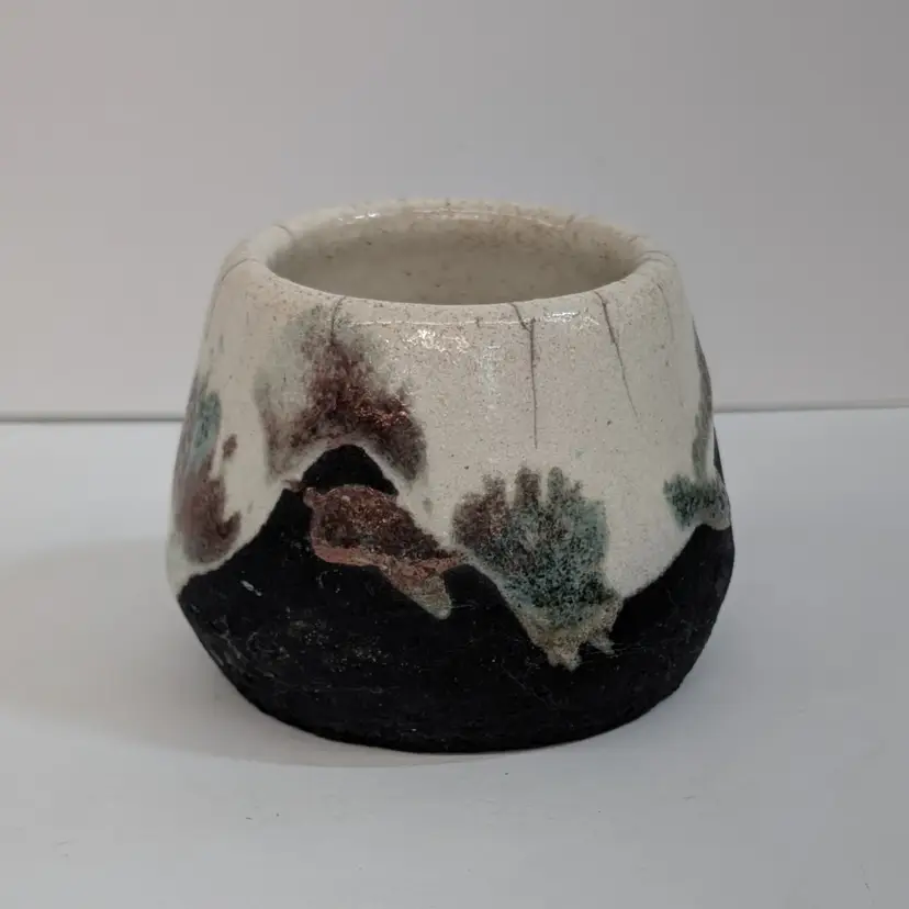 Studio Pottery Raku Pot Vase Planter Small Iridescent White Crackle Rustic