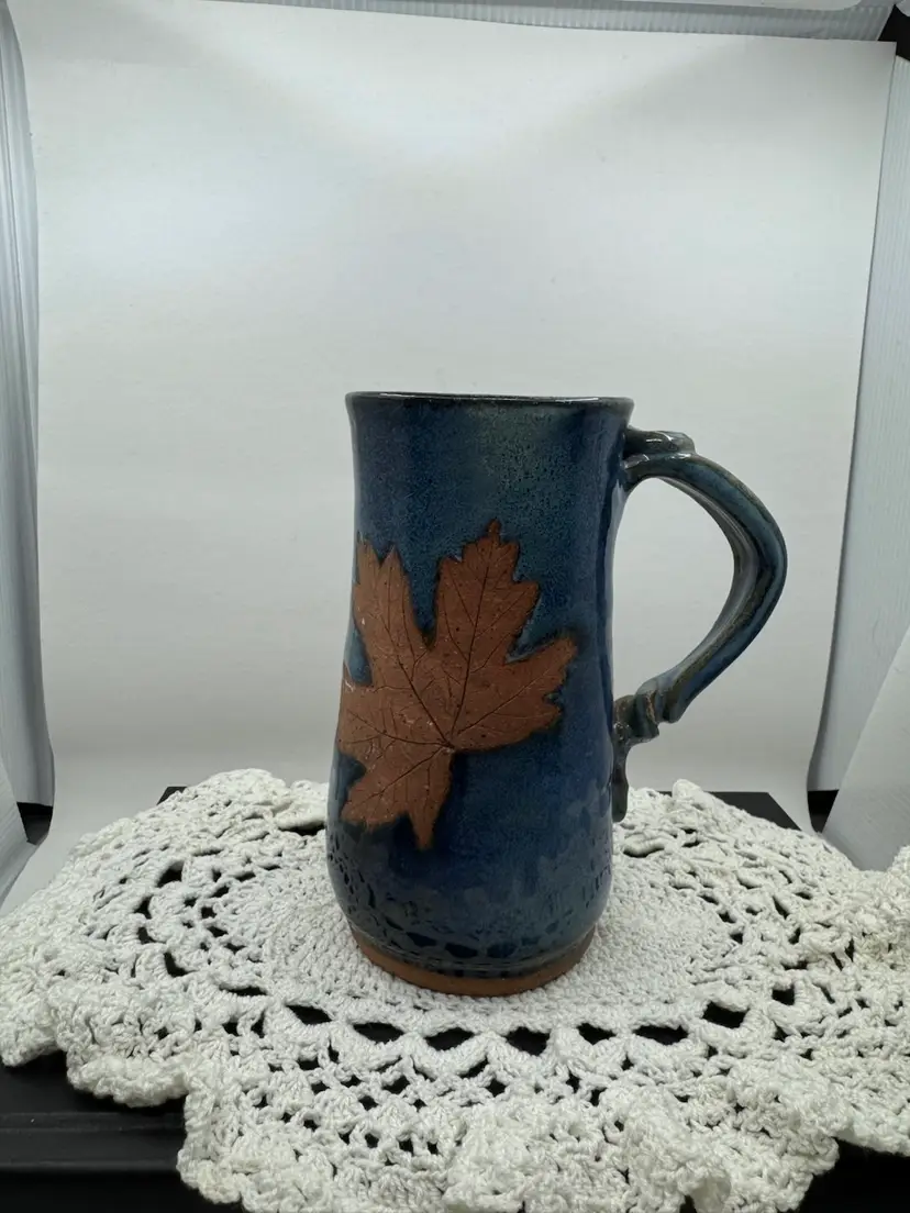 Pottery Mug By ‘And Sarah Laughed” Studio, Lilburn, Georgia, Leaf Design, 6”