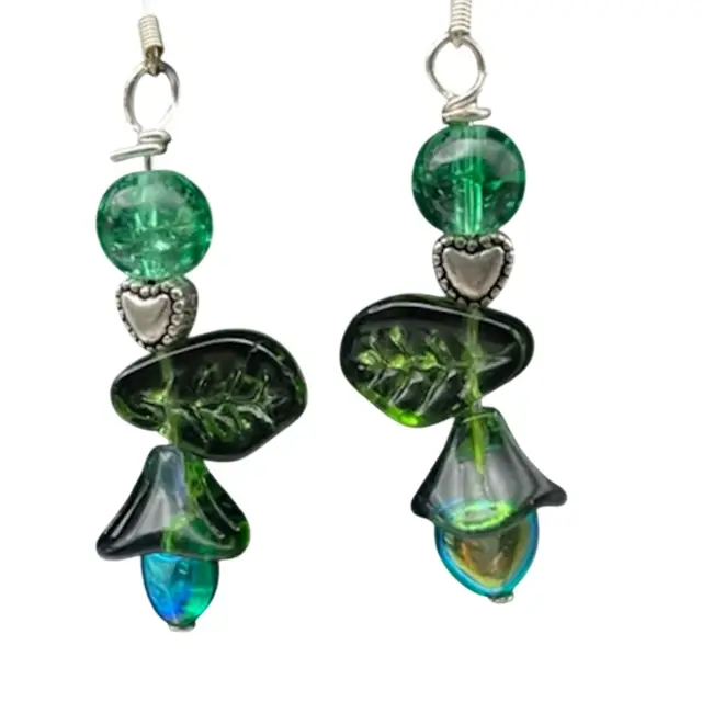 Green Pressed Glass Flower Earrings