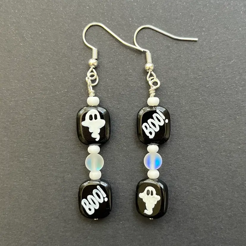 Handmade By Me- Ghost Boo! Halloween Glass Bead Dangle Earrings, Hand Drawn Glass Beads, Nickel Free