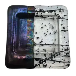 Fused Studio Art Glass Small Trinket Dish Square Iridescent Purple Stripe 3.5”