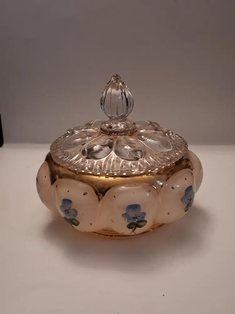 Vintage Fenton Rose Overlay, Charleton Decoration, Powder Jar, Hand Painted Blue Flowers w Gold Trim & Clear Glass Lid
