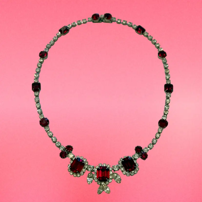 Vintage Kramer of New York Signed Ruby Red Emerald Cut Rhinestone Statement Necklace 16”
