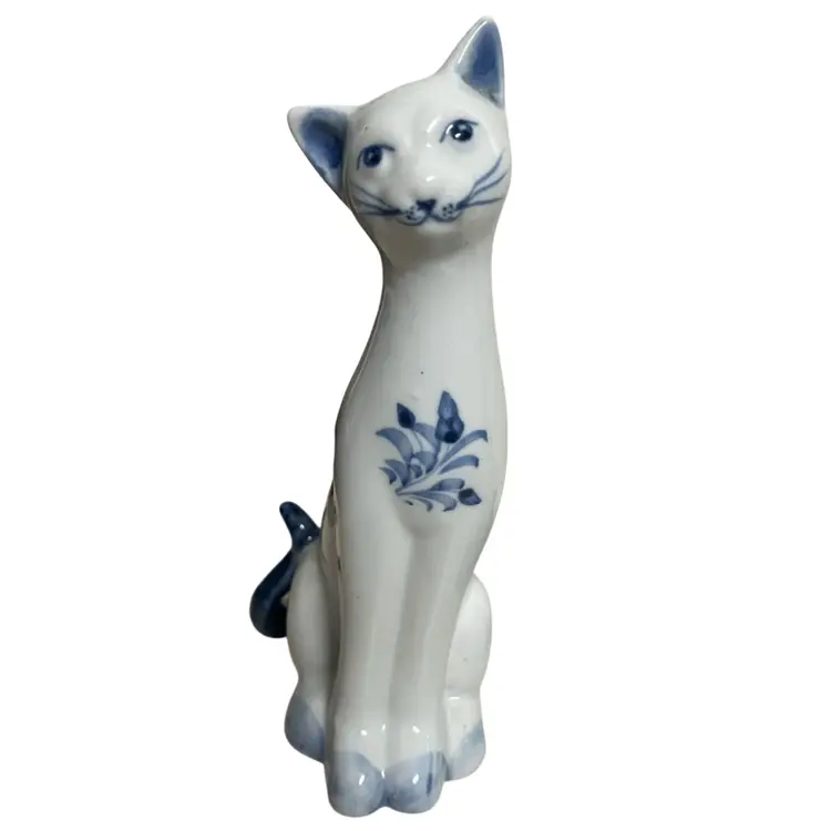 Pair Vintage Porcelain Cats- Blue/white Pretty Kitties- 6.25”