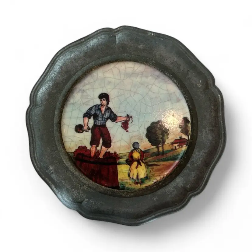 Vintage Pewter And Tile Grape Wine Making Scene Wall Decor Plate