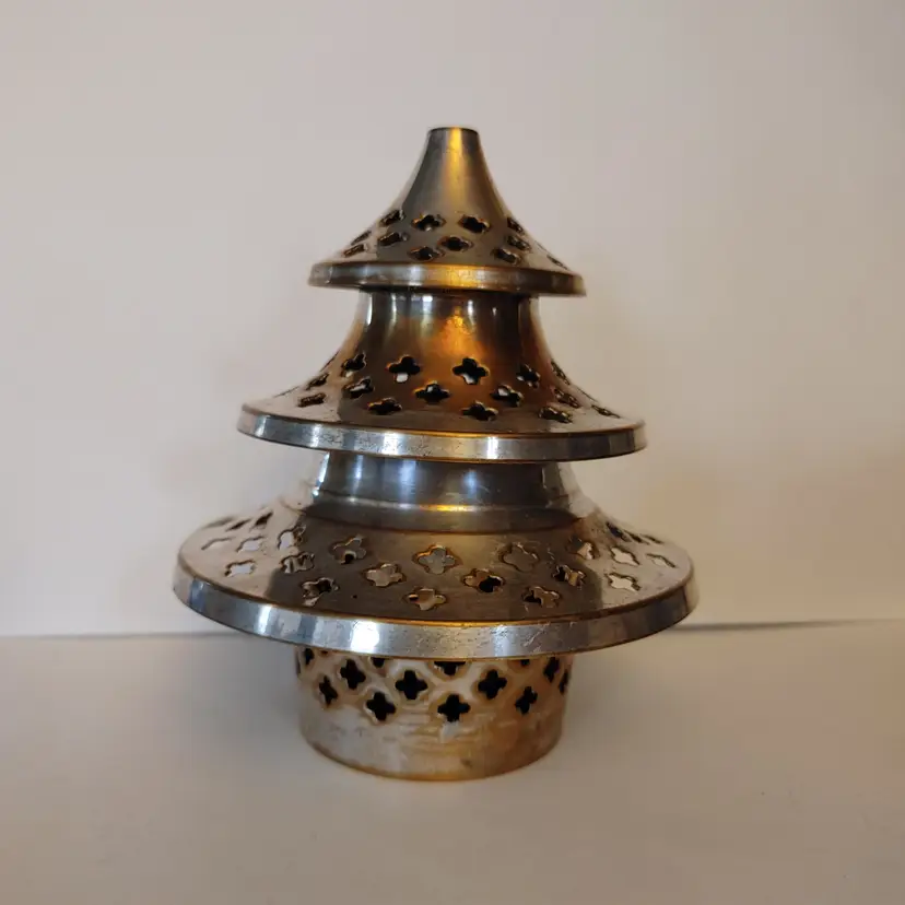 Brass Incense or Votive Holder. Made in India. Purple glass votive holder. Pagoda style. 5.5 inches high.