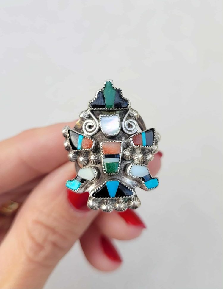 Vtg ZUNI Knifewing Turquoise Coral Onyx MOP Inlay Sterling Silver Ring Sz 5.5