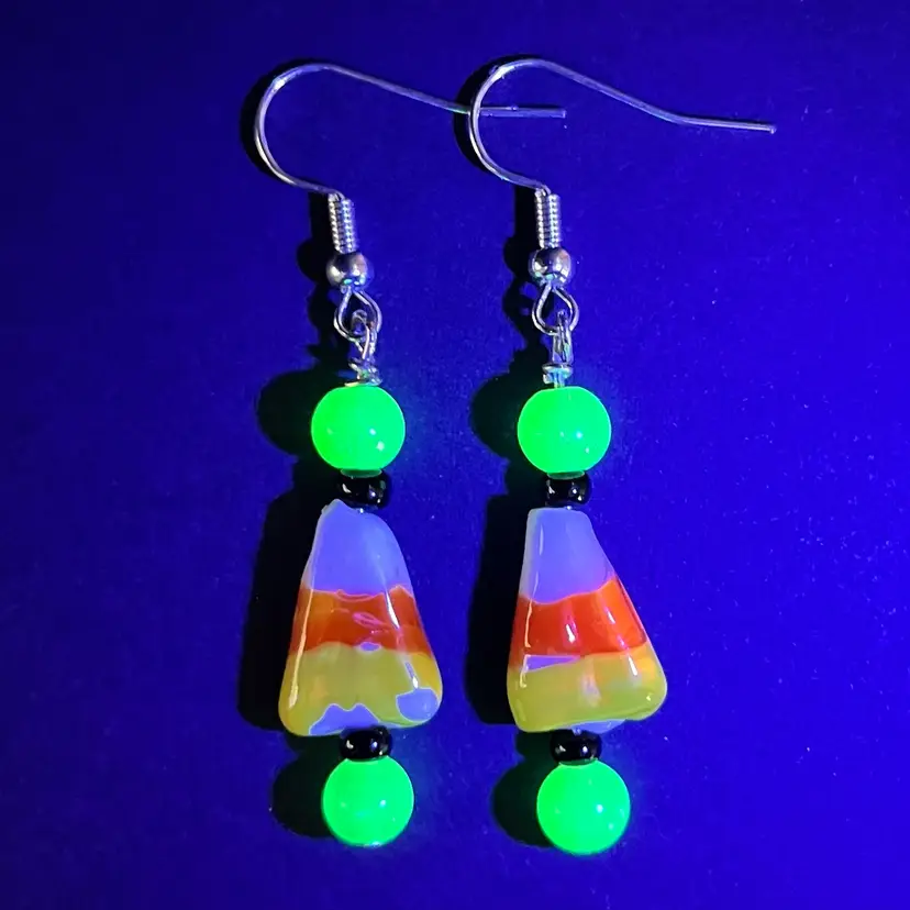 Handmade By Me- Halloween Candy Corn Glass Bead Dangle Earrings With UV Glow Beads, Hand Drawn Glass Beads, Nickel Free