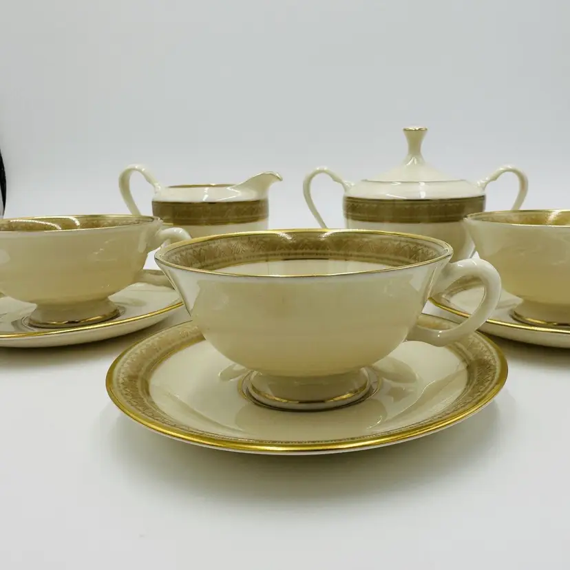 Lenox Tea Set Creamer and Sugar Bowl Cup with 3 Service Greenfield Pattern