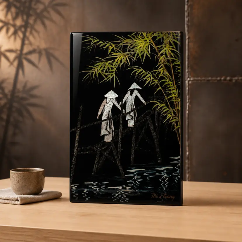 Thu Huong Lacquered Panel of Village Scene 2 figures Crossing a Bridge
