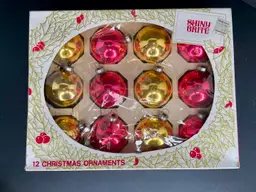 12 Vintage Shiny Brite Glass Christmas Ornaments in Box 6 Dark Pink, 6 Gold MCM