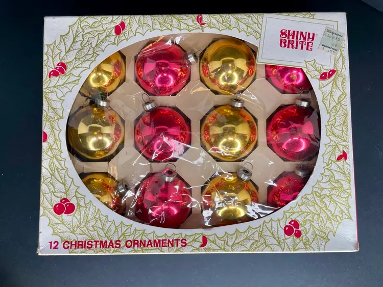 12 Vintage Shiny Brite Glass Christmas Ornaments in Box 6 Dark Pink, 6 Gold MCM