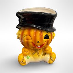 Vintage Lefton Halloween Jack-O-Lantern Scarecrow Pumpkin Planter- Winking