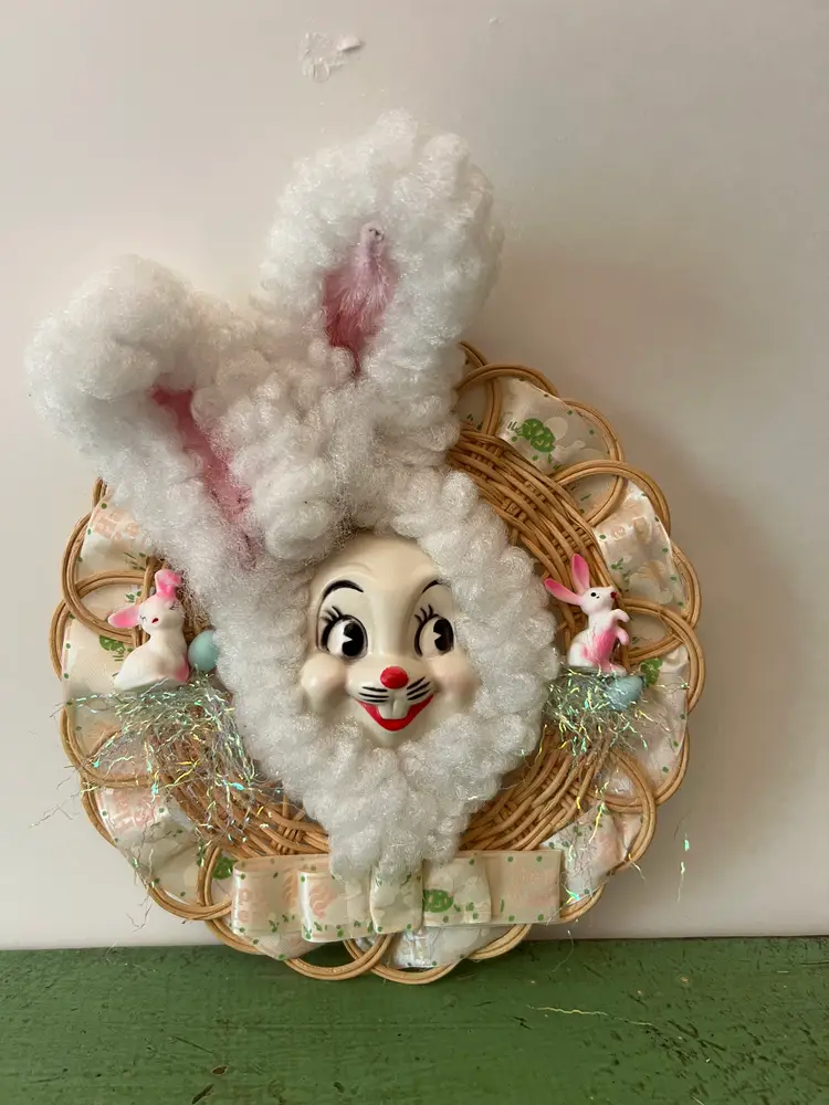 Vintage Easter Decoration. Door/ Wall Hanging. Plastic Bunny Face. Retro Handmade