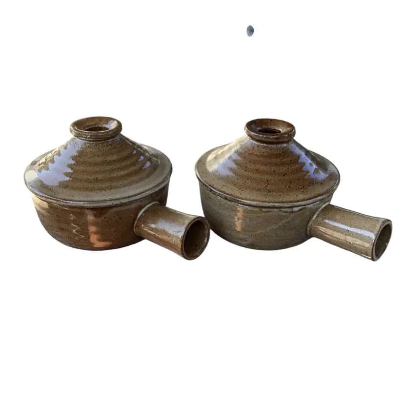 Pair Of Brown Speckled Stoneware Pottery Onion Soup Or Stew Bowl With Vented Lid