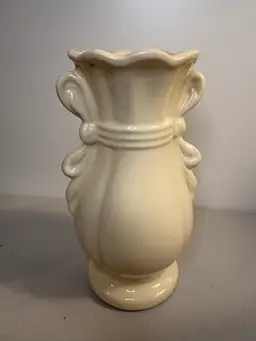 Vintage Off White Vase with Ribbon or Bow Handles Unsigned 7.25"