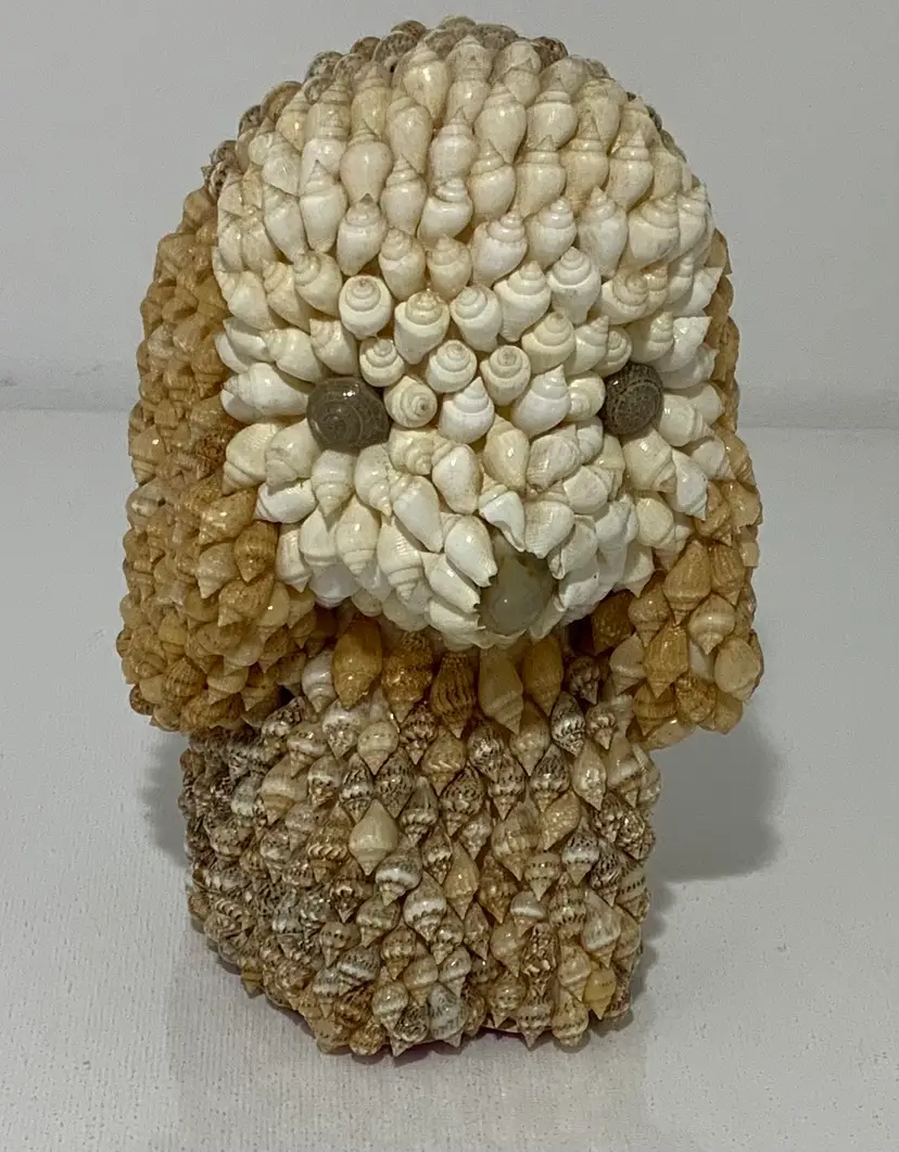 Adorable Artisan Handmade Vintage Earth Tone Seashell Dog Bank Puppy Dog With Big Eyes