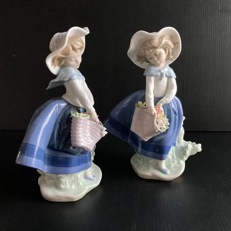 Matched Pair Lladro Pretty Pickings Girls 3D flowers in baskets Glossy Finish retired
