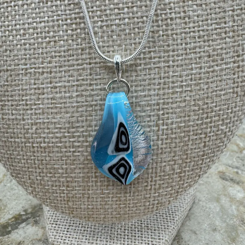 Dainty Art Glass Pendant Silver Tone Necklace