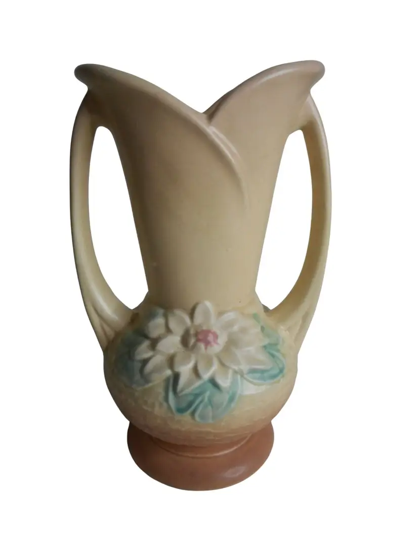 Vintage Hull Art Pottery 1940s WATER LILY Hull USA L-10-9 1/2" double handle Vase apricot walnut  #1