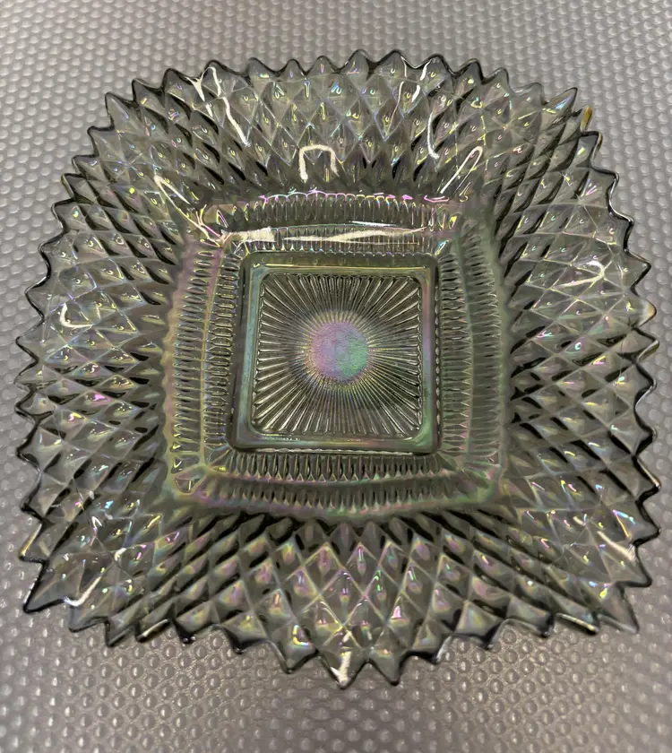 Set of 2 - Indiana Glass Diamond Point Smoke Gray / Iridescent Square Candy Trinket