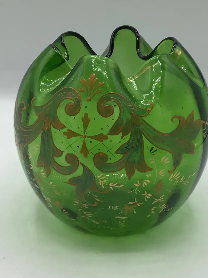 Bohemian Green Glass Rose Bowl Hand Painted