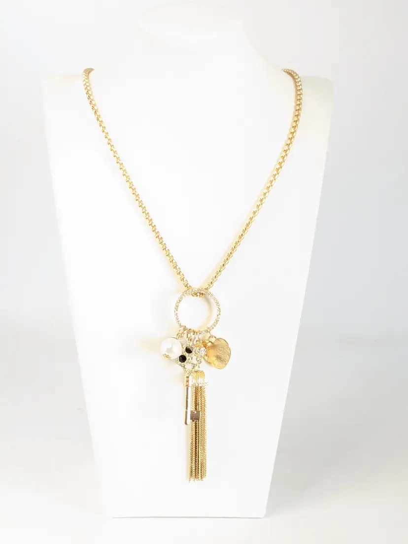 Thalia Sodi Gold Tone Necklace with Tassel Key Heart and Rhinestones