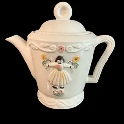 Porcelier Teapot, Cute Girl with Flowers- Vintage 6.5” high 7” spout to handle x 4.25 w