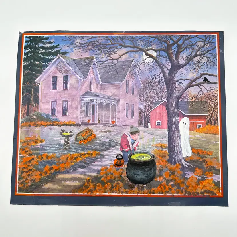 Altered Painting Halloween Ghosts Haunted House Vintage Print