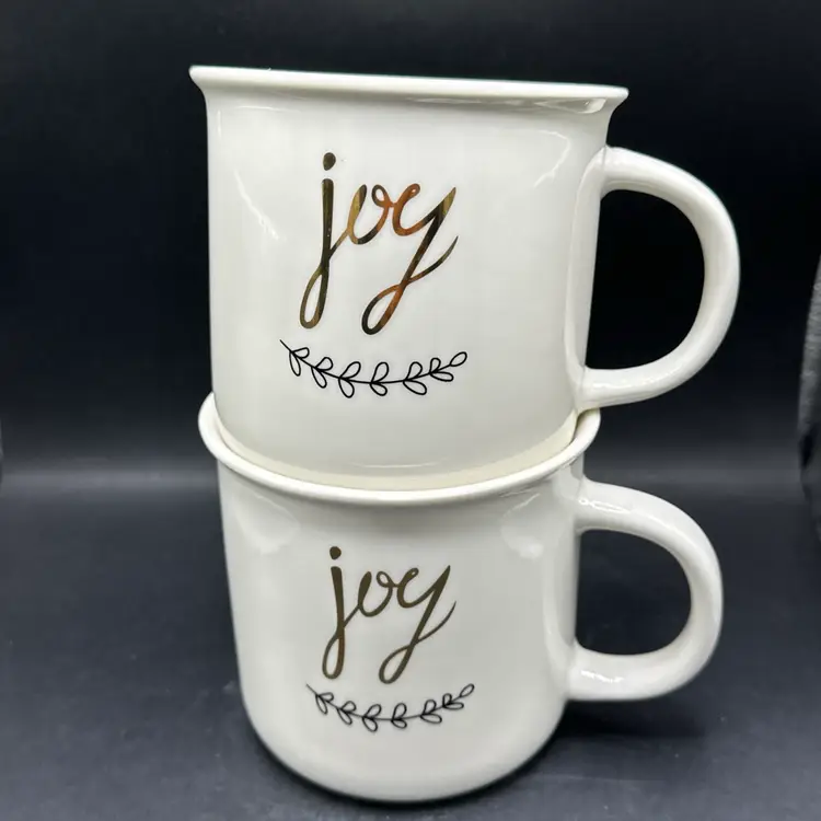 (2) SLEIGH BELL BISTRO Gold "Joy" Christmas Holiday COFFEE MUGS Beautiful Design