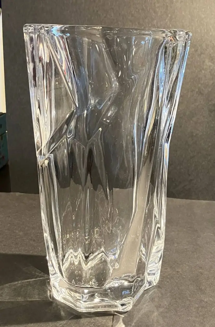 Vintage Geometric Faceted Thick Clear Crystal Vase Unmarked