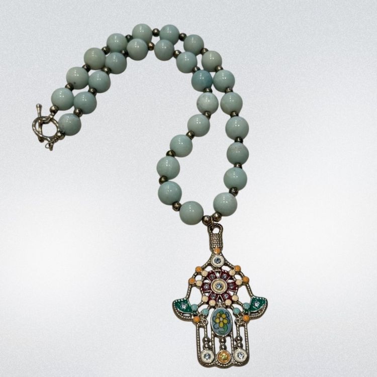 Handmade Polished Light Green Stone Bead Enamel Hamsa Pendant 2.5” Necklace 16” UV Reactive