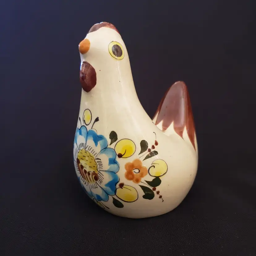 Folk Art Chicken Tonala Pottery Hand Painted Florals - Signed CAT MEXICO C-8
