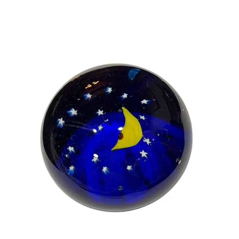“Wish Upon A Harvest Moon” Handmade Vintage Art Glass Magnum Paperweight - Gorgeous Detail - Cobalt Blue Depth With Star Murrines & Crescent Moon 3.5” X 4.25” Diameter